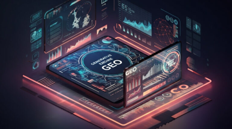 A futuristic digital landscape with vibrant colours and glowing data streams, showcasing AI-powered tools like ChatGPT and Bard in the context of Generative Engine Optimisation (GEO) and the evolution of digital visibility in the modern tech era.